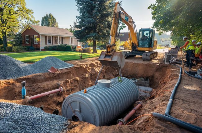 a crew installing a septic tank