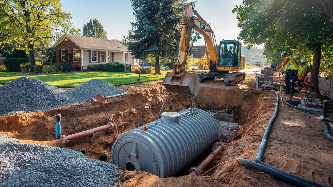 a crew installing a septic tank